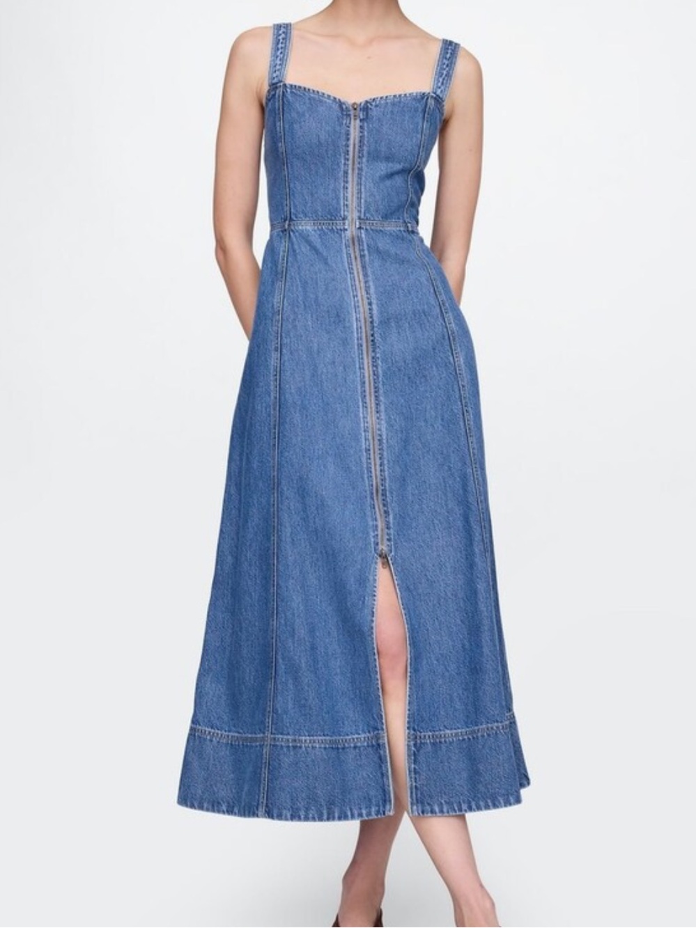 GAP Blue Denim Zip-Front Maxi Dress with Front Slit